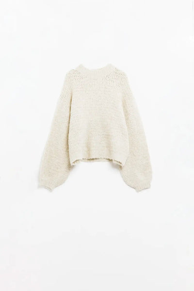 Beige Knit Sweater with balloon Sleeves - One Size / White - Sweaters