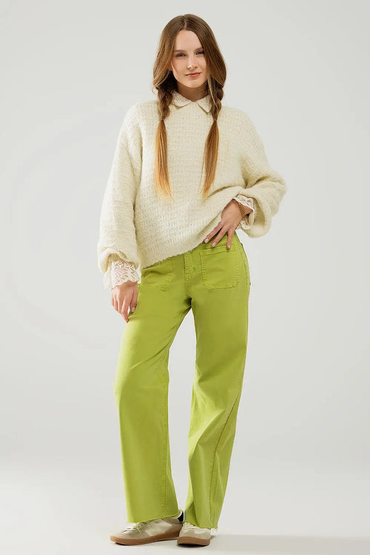 Beige Knit Sweater with balloon Sleeves - One Size / White - Sweaters