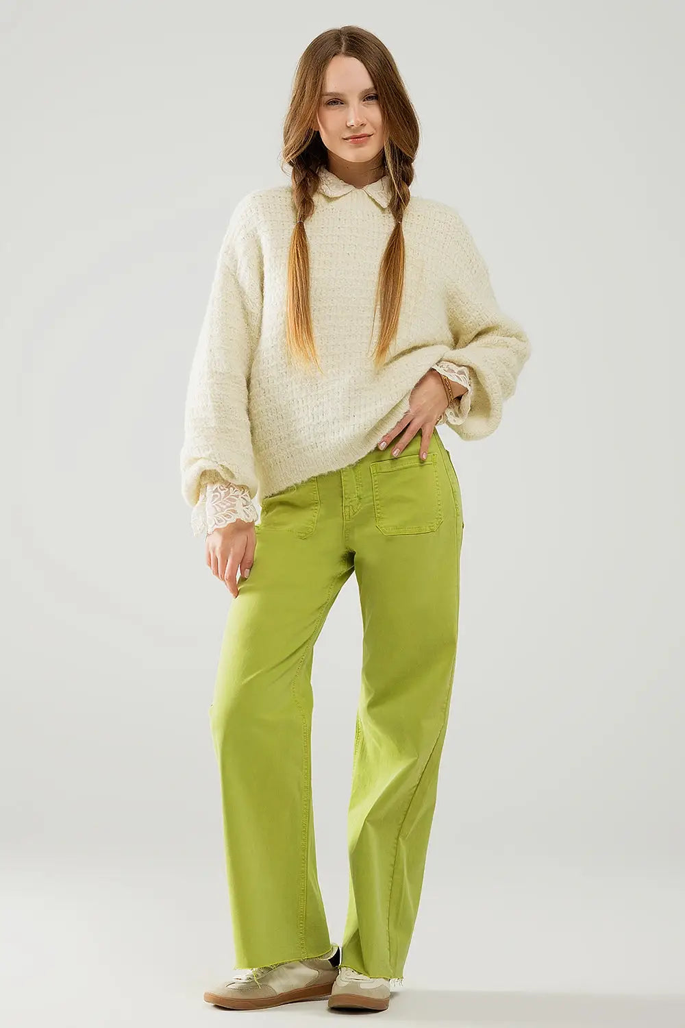 Beige Knit Sweater with balloon Sleeves - One Size / White - Sweaters