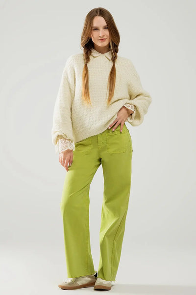 Beige Knit Sweater with balloon Sleeves - One Size / White - Sweaters