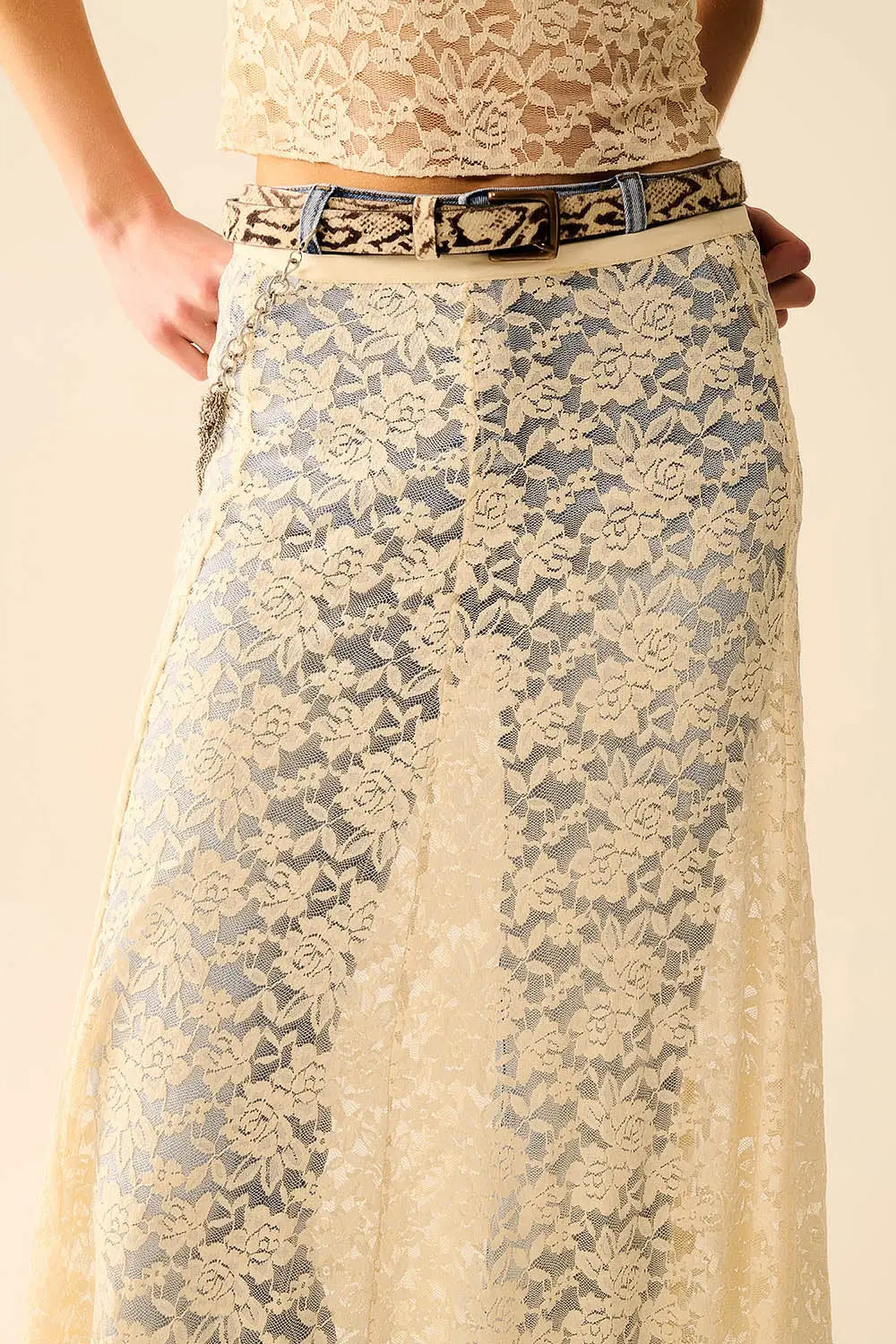 Beige Lace maxi Skirt With Floral design - Skirts