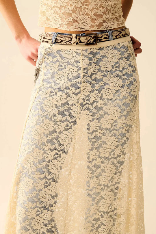 Beige Lace maxi Skirt With Floral design - Skirts
