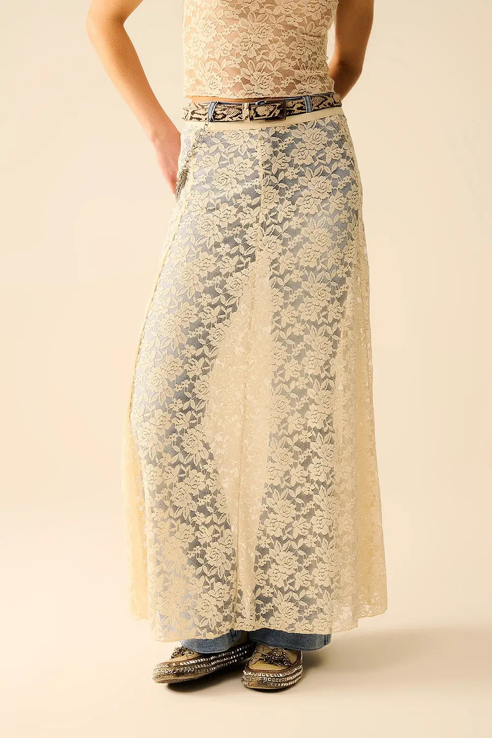 Beige Lace maxi Skirt With Floral design - Skirts