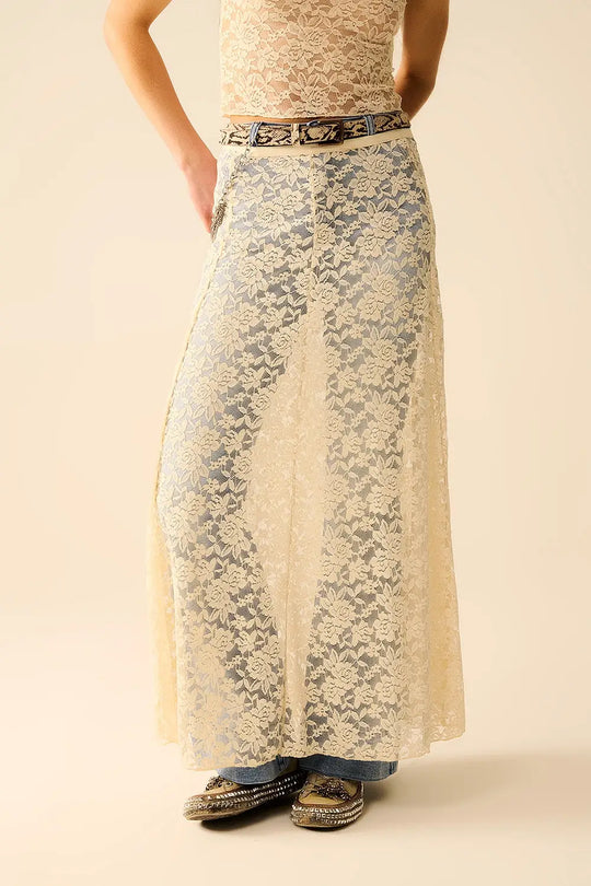 Beige Lace maxi Skirt With Floral design - Skirts