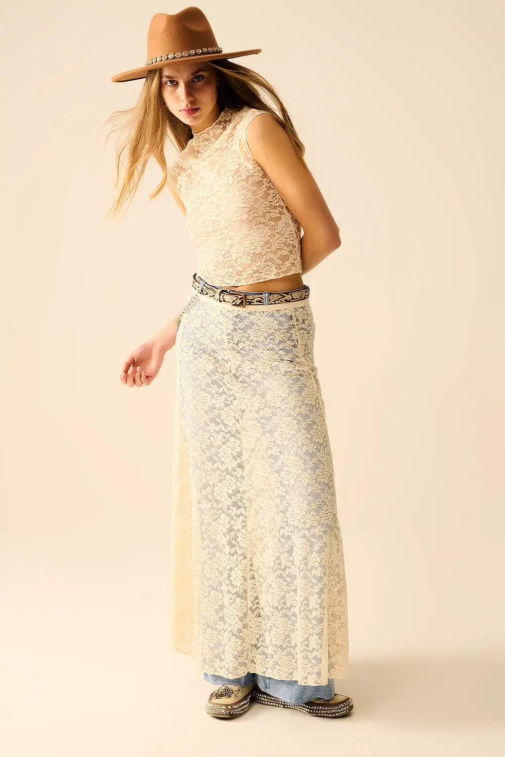 Beige Lace maxi Skirt With Floral design - Skirts