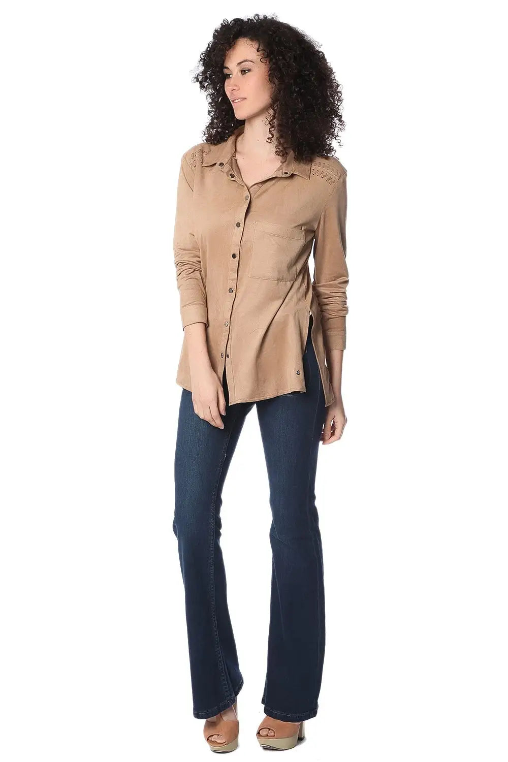 Beige long sleeve shirt with lace up detail - Shirts