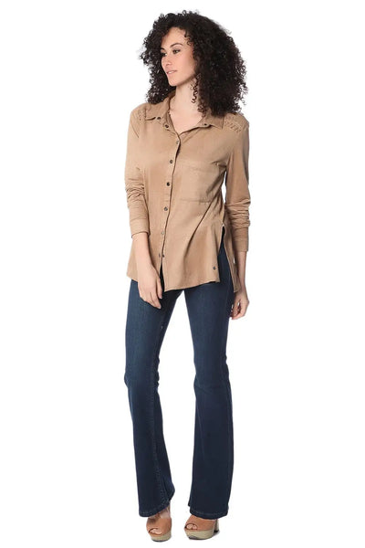 Beige long sleeve shirt with lace up detail - Shirts