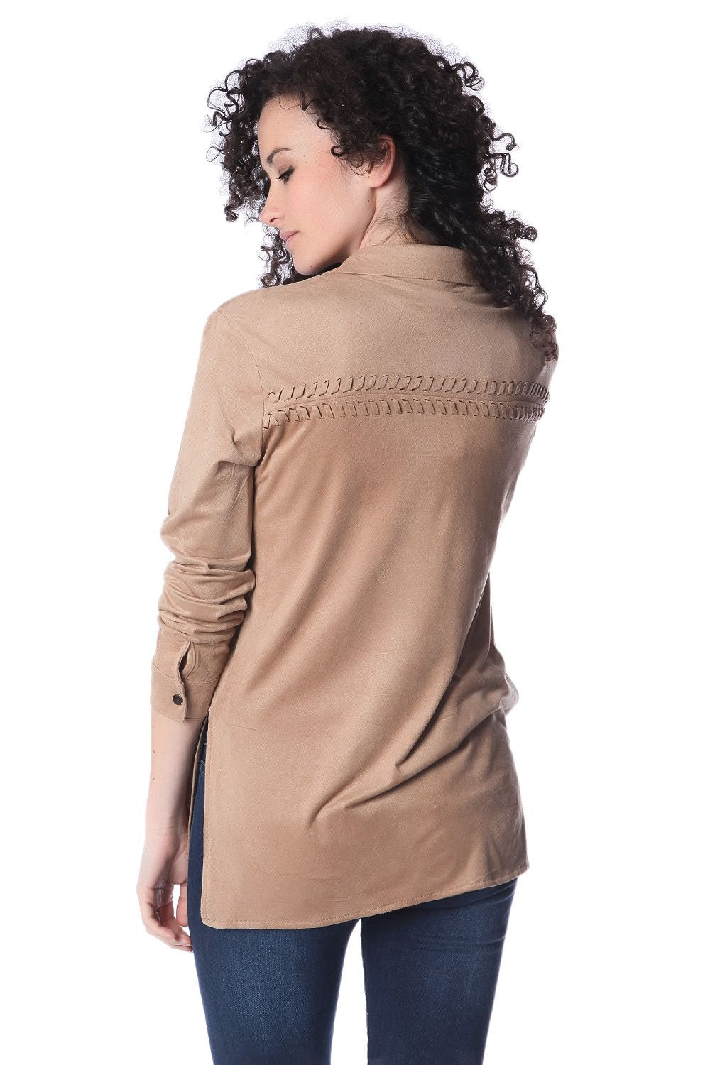 Beige long sleeve shirt with lace up detail