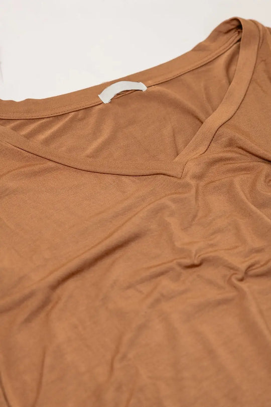 Brown long sleeve v neck top - One Size / Beige - Shirts