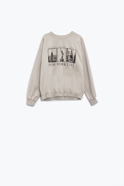 Q2 Beige long-sleeved sweatshirt with new york city printed