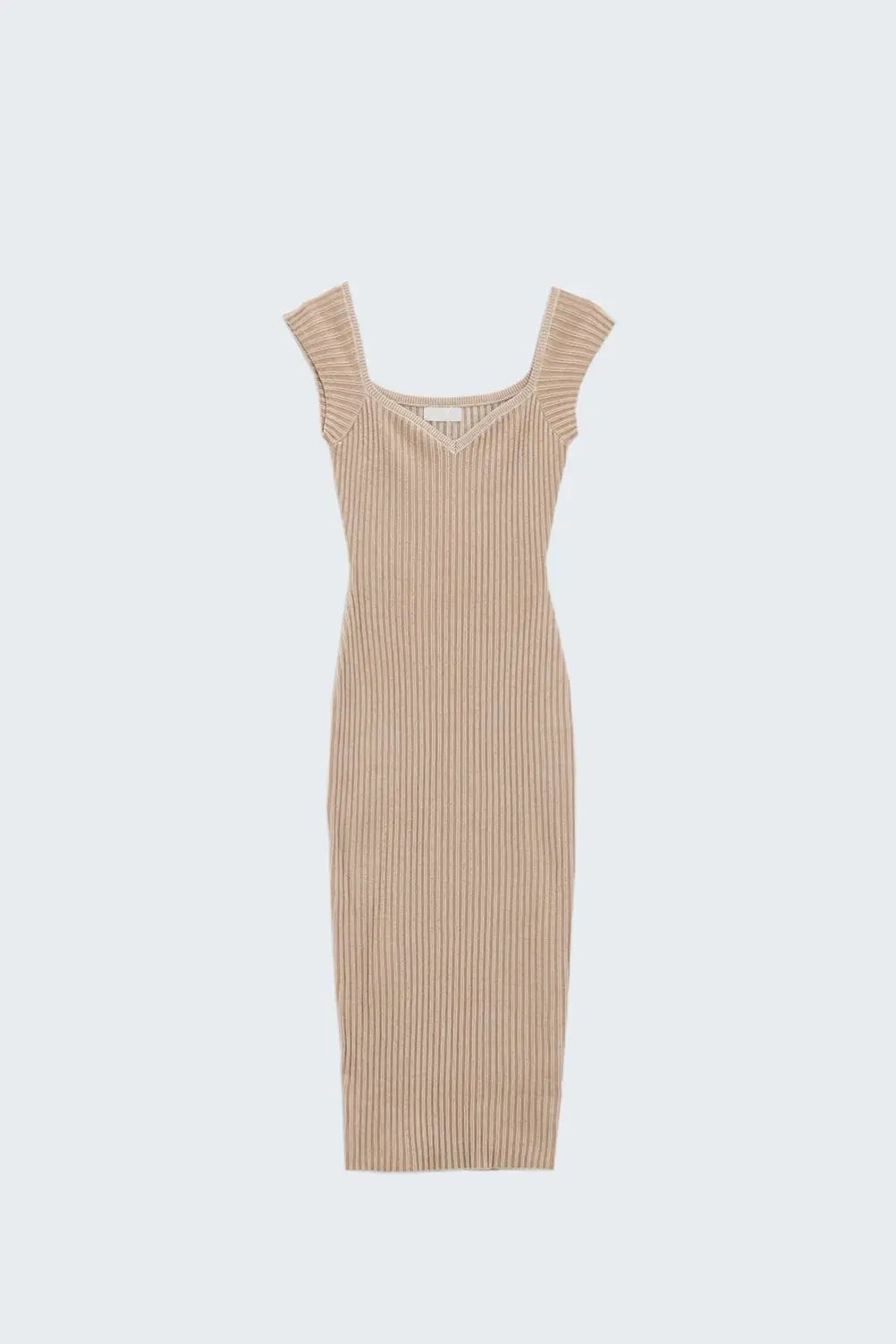 Q2 Beige Midi Thick Rib Bodycon Dress With Cap Sleeves