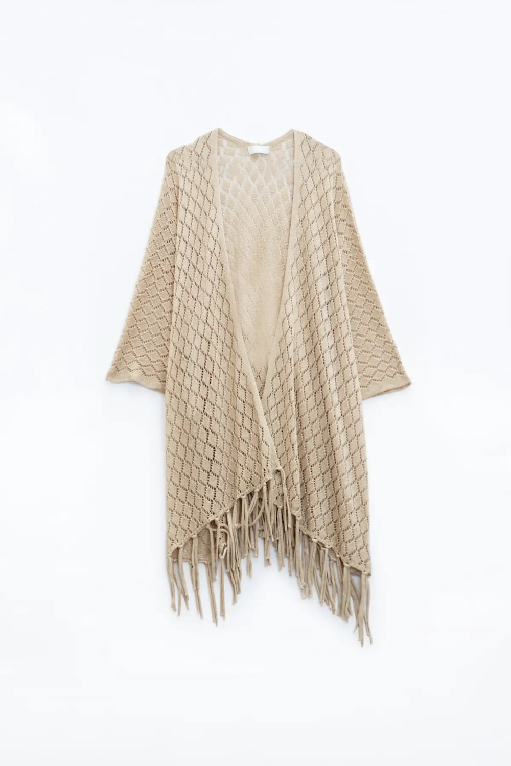 Beige Open Cardigan With Fringe Ends and 3/4 sleeves - One Size / Beige - Sweaters