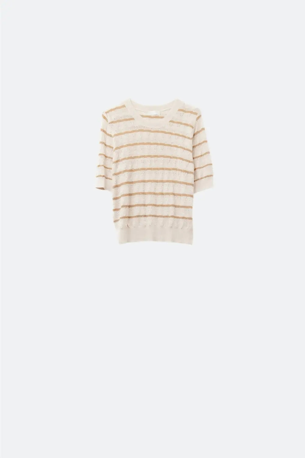 Q2 Beige Openwork Knit Top with Short Sleeves and Gold Stripes
