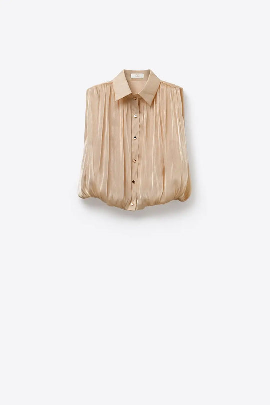 Beige Gathered at Hem Blouse With Gold Buttons - Shirts