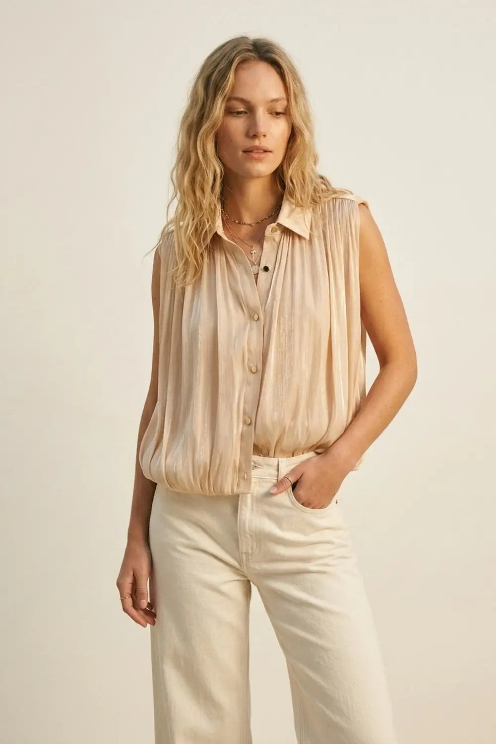 Q2 Beige Gathered at Hem Blouse With Gold Buttons