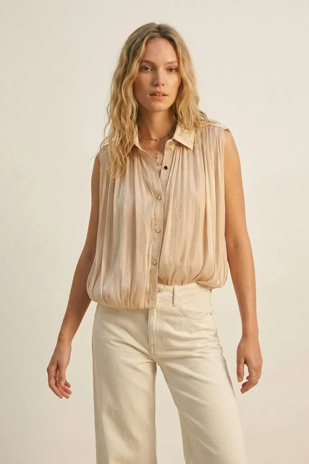 Beige Gathered at Hem Blouse With Gold Buttons - Shirts