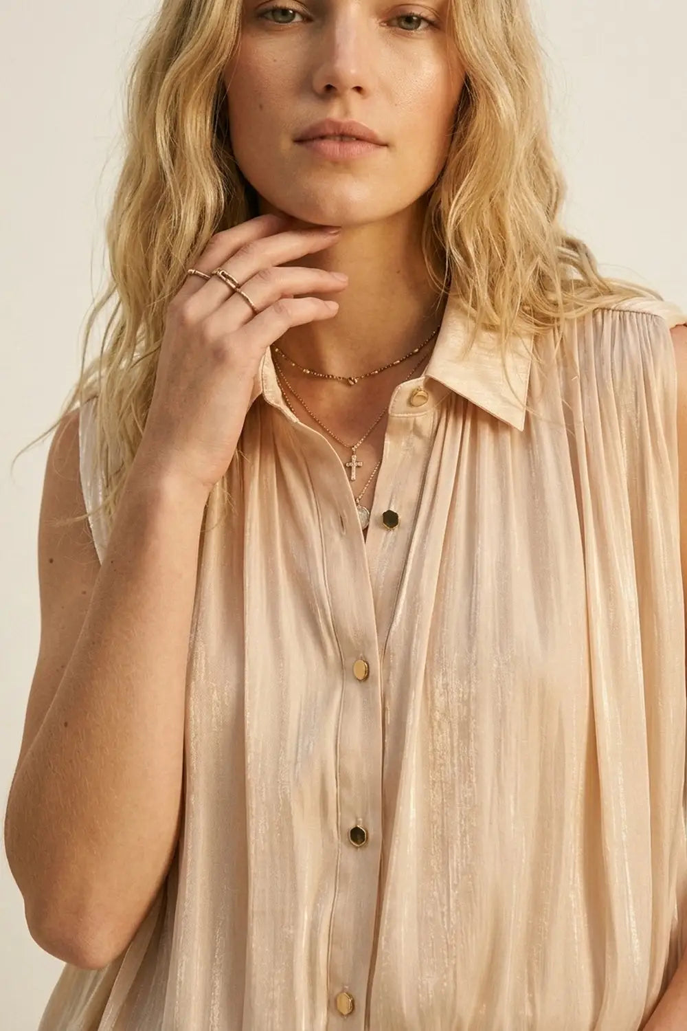 Beige Gathered at Hem Blouse With Gold Buttons - Shirts