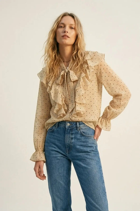 Q2 Beige Polka Dot Ruffled Tie-Neck Blouse