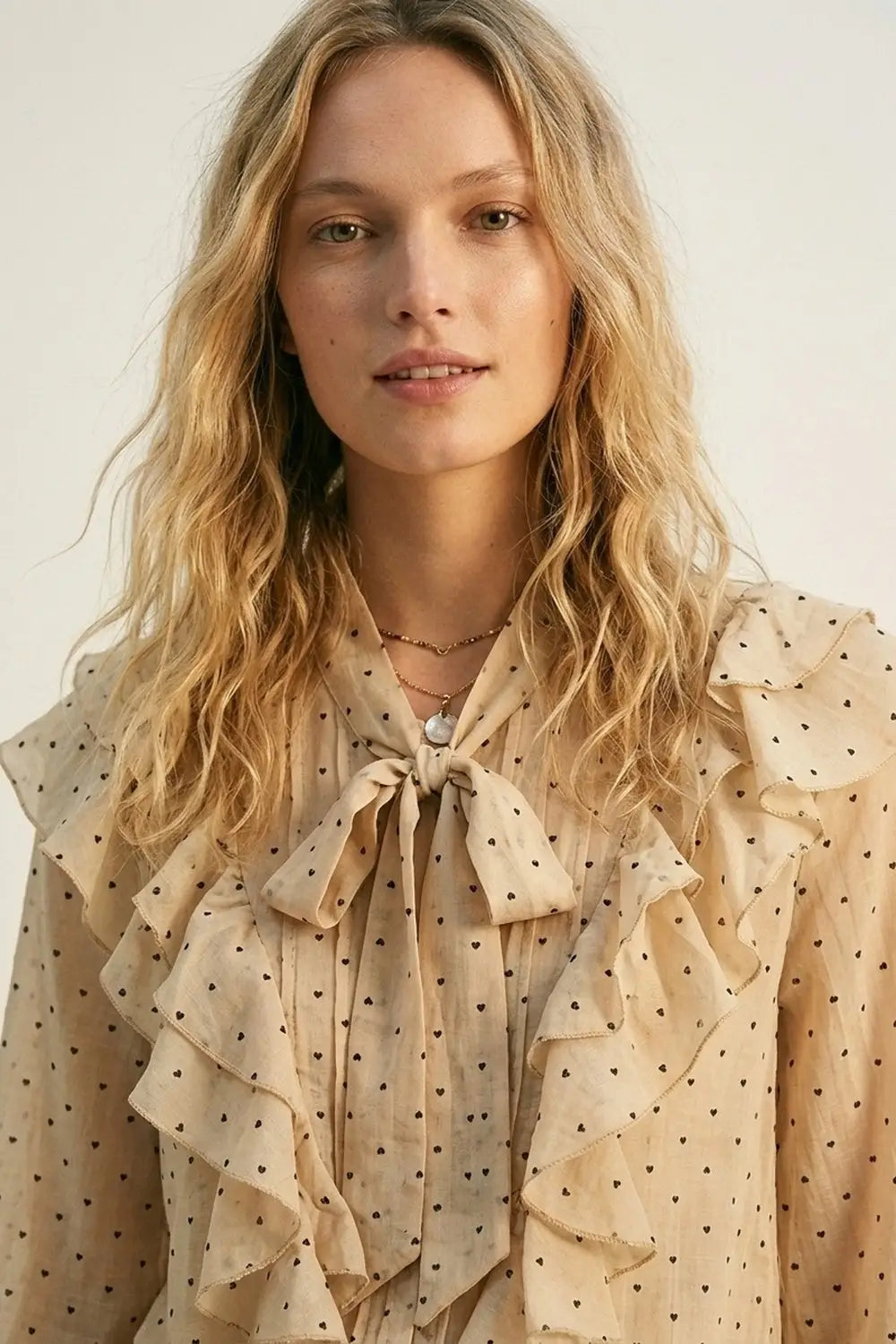Beige Polka Dot Ruffled Tie-Neck Blouse - Shirts