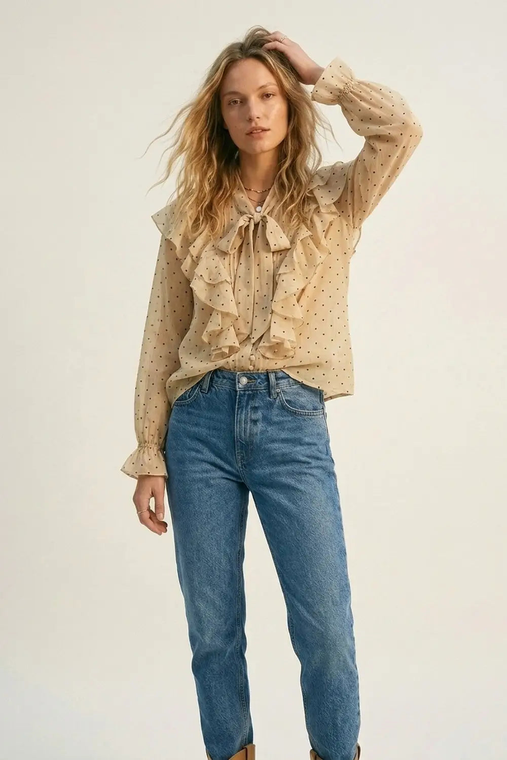 Beige Polka Dot Ruffled Tie-Neck Blouse - Shirts