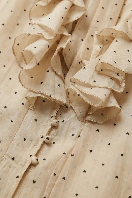 Beige Polka Dot Ruffled Tie-Neck Blouse - Shirts