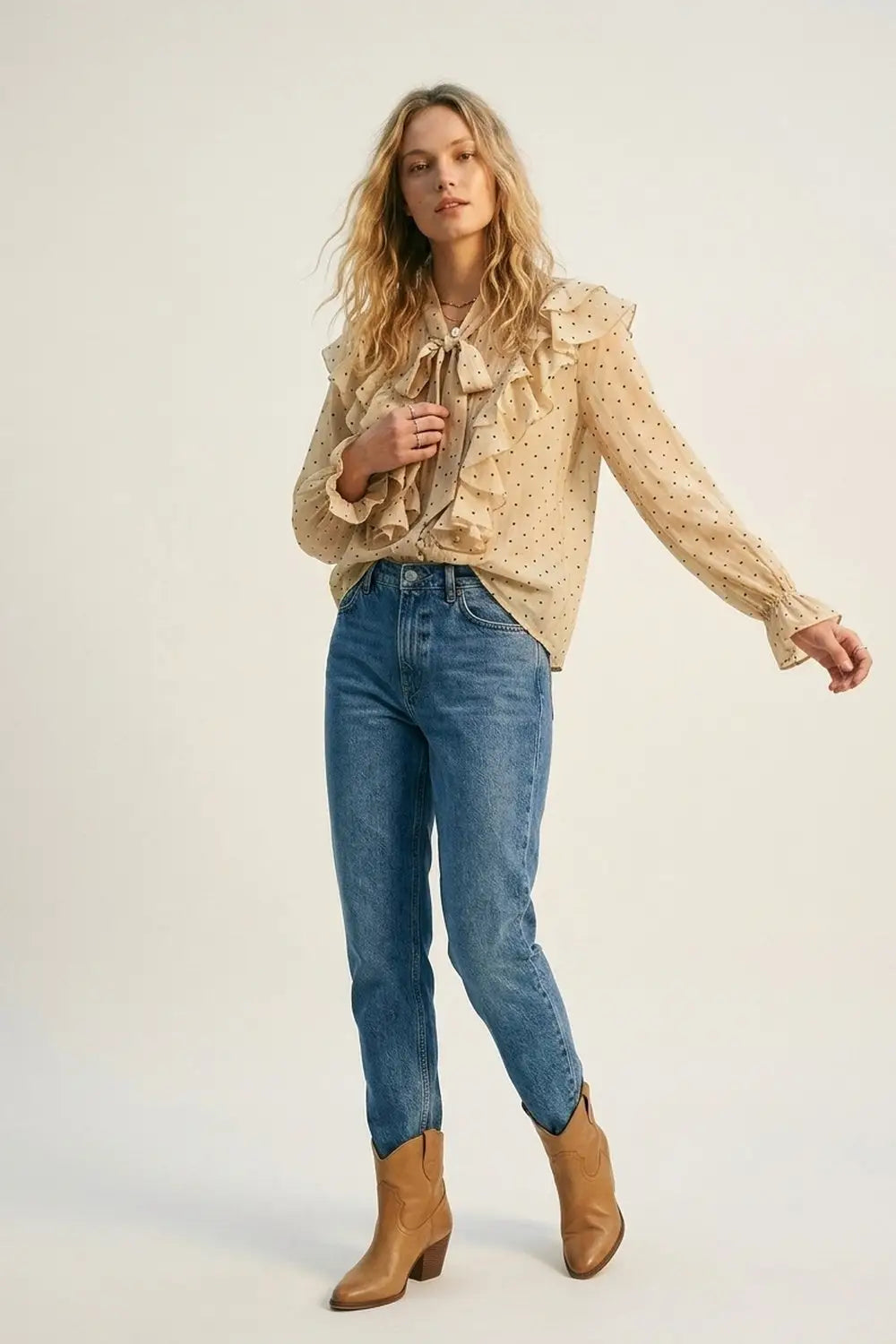 Beige Polka Dot Ruffled Tie-Neck Blouse - Shirts