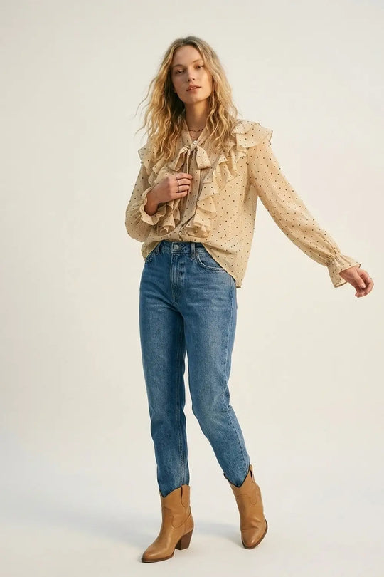 Beige Polka Dot Ruffled Tie-Neck Blouse - Shirts