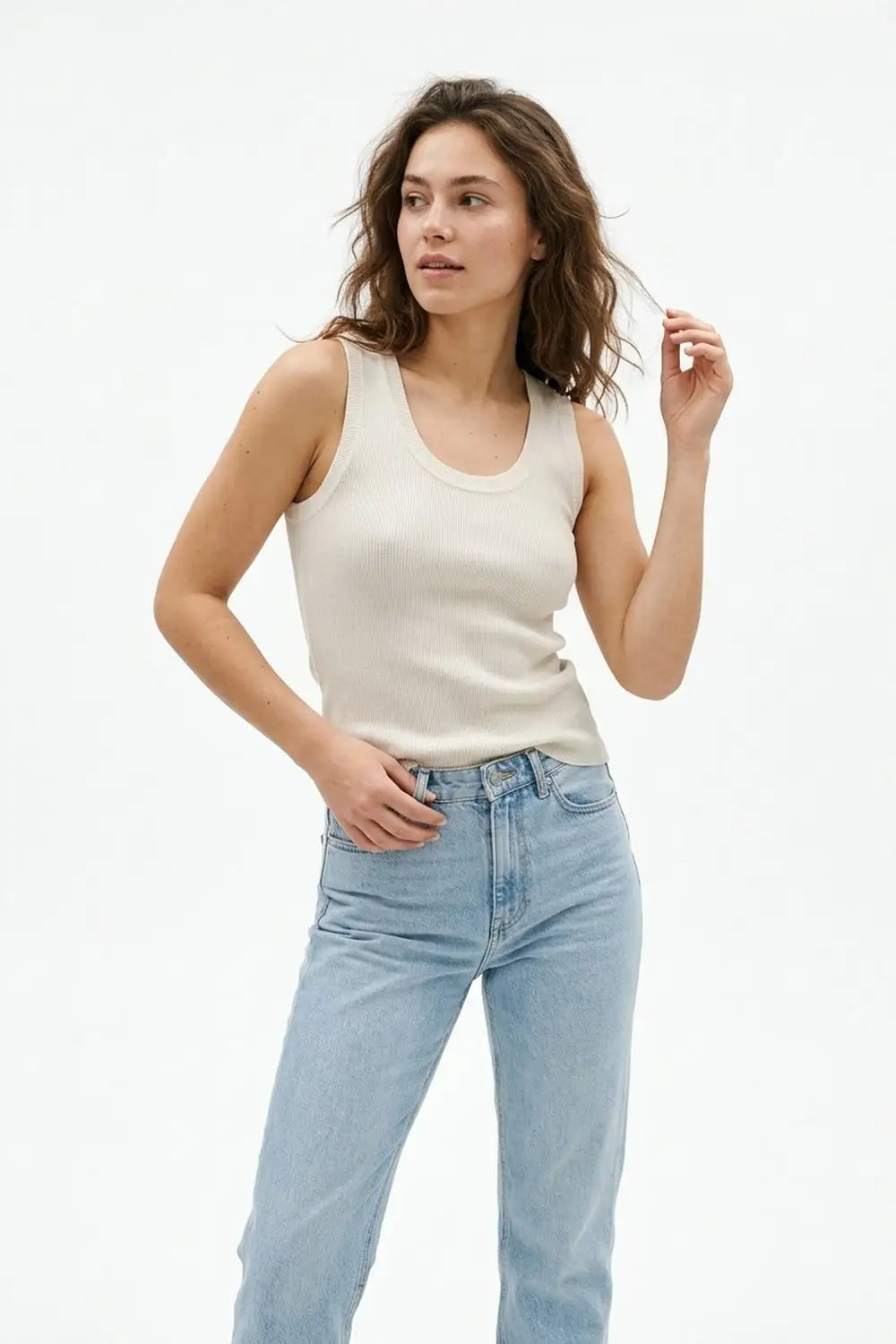 Beige Ribbed Knit Tank Top for Layering - One Size / Beige