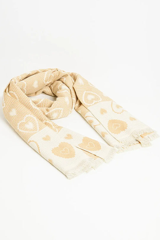 beige scarf with heart print and golden thread detail - One Size / Beige - Scarves & Hats