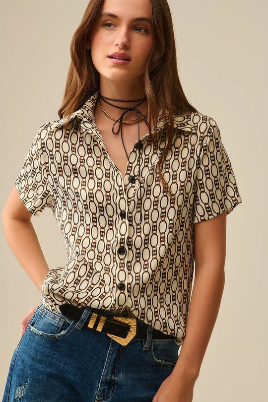 Q2 Beige Short-sleeved Chain Print Polo Shirt