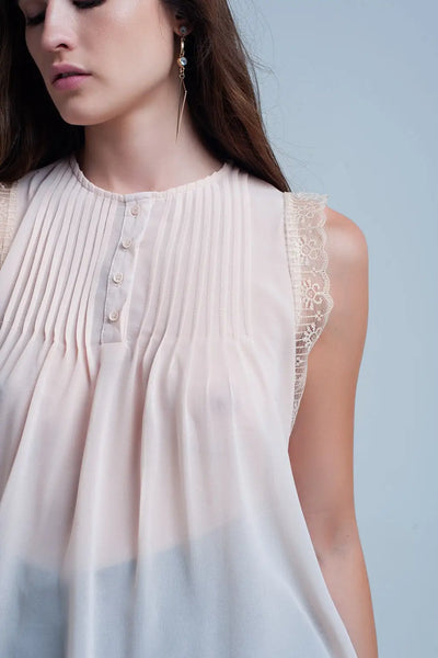Beige sleeveless top with lace details - Shirts