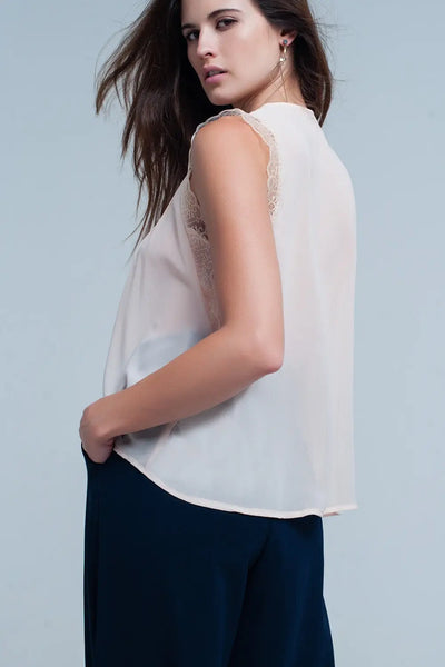 Beige sleeveless top with lace details - Shirts