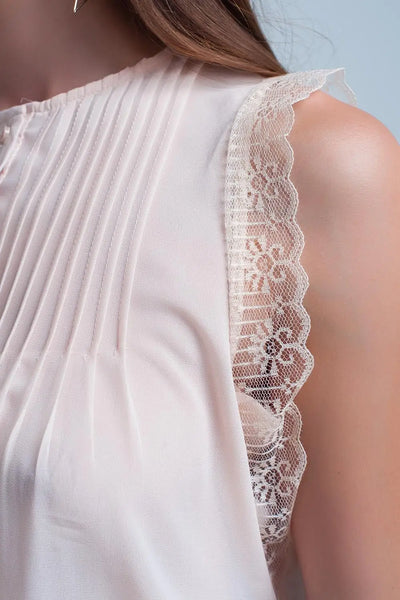 Beige sleeveless top with lace details - Shirts