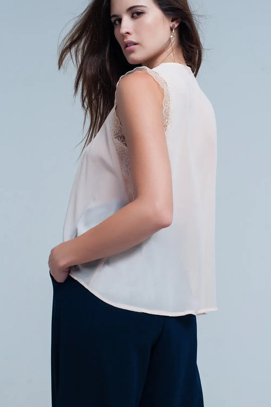 Beige sleeveless top with lace details - Shirts