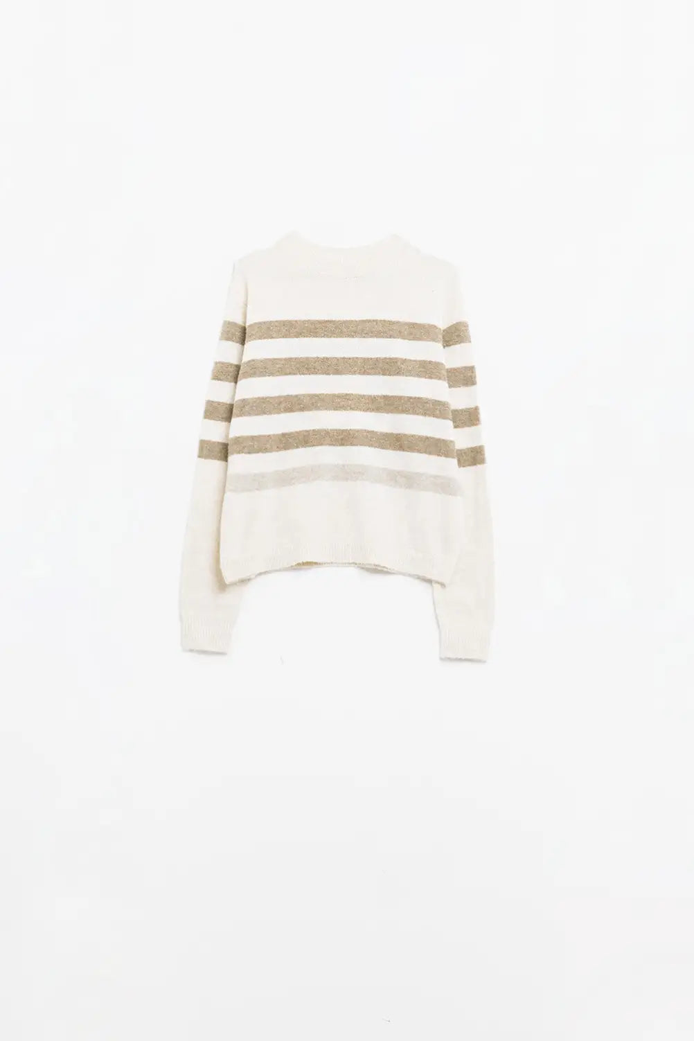 Q2 Beige soft knit sweater with camel stripes