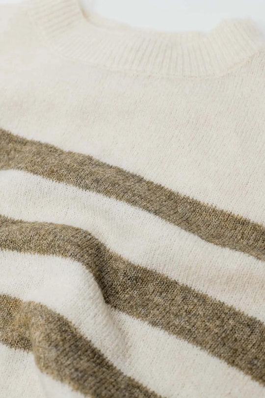 Beige soft knit sweater with camel stripes - Sweaters