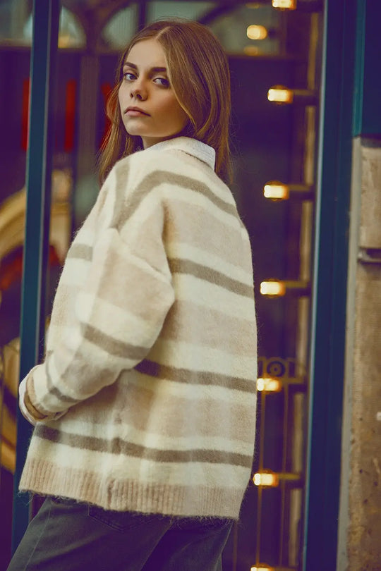 beige striped fluffy cardigan - Sweaters