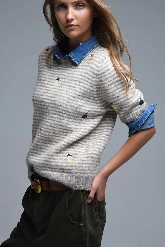 Q2 Beige Striped Short Sleeve Embroidered Sweater