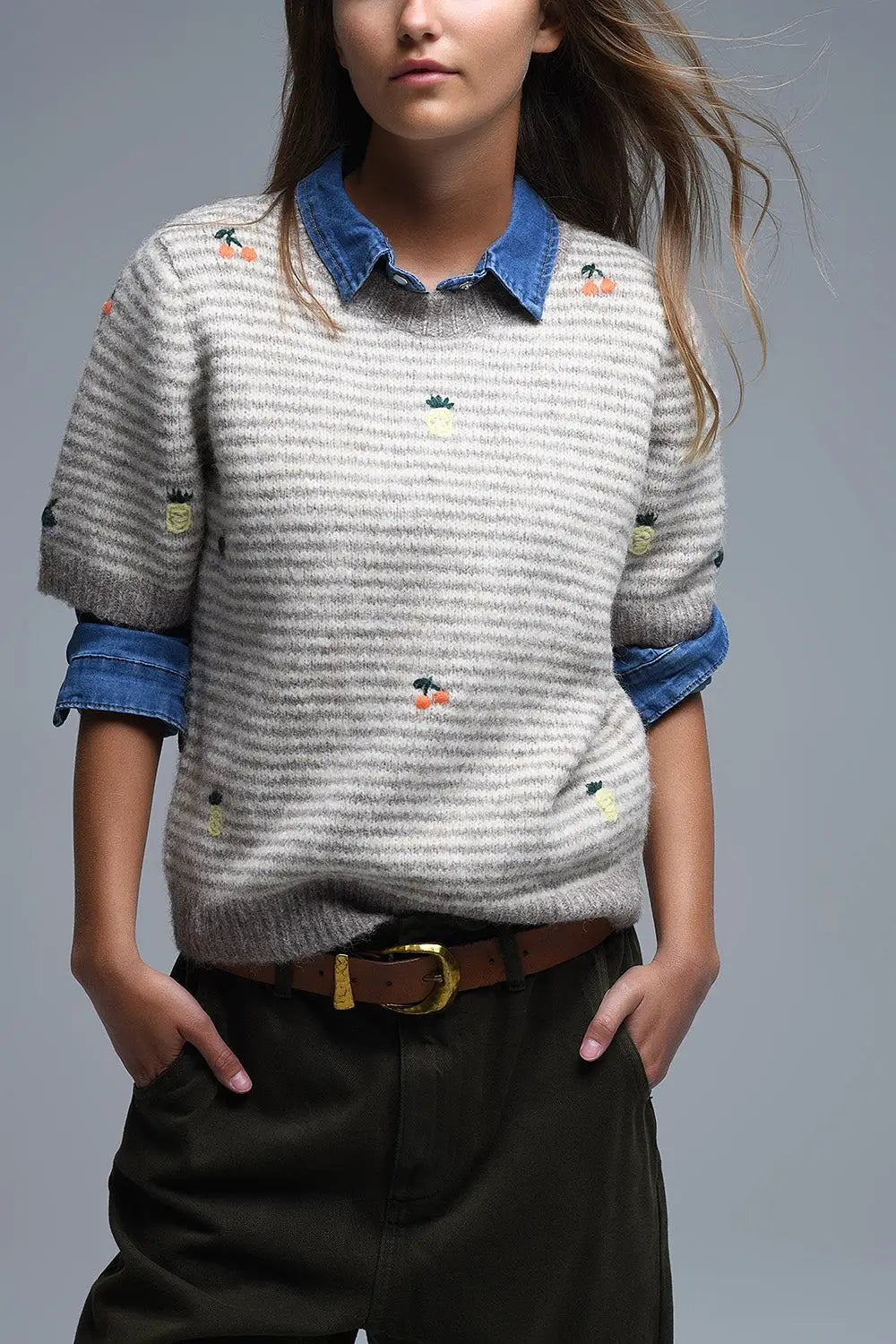 Beige Striped Short Sleeve Embroidered Sweater - One Size / Beige - Sweaters