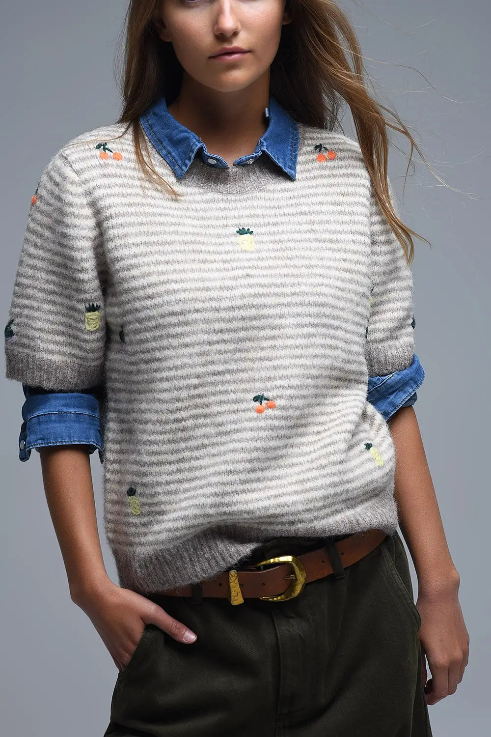Beige Striped Short Sleeve Embroidered Sweater - One Size / Beige - Sweaters