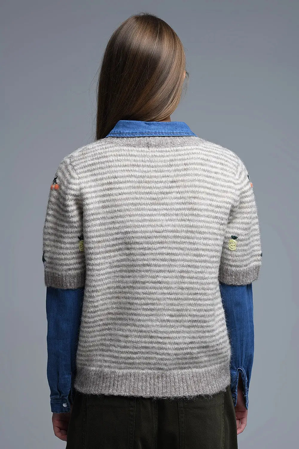 Beige Striped Short Sleeve Embroidered Sweater - One Size / Beige - Sweaters