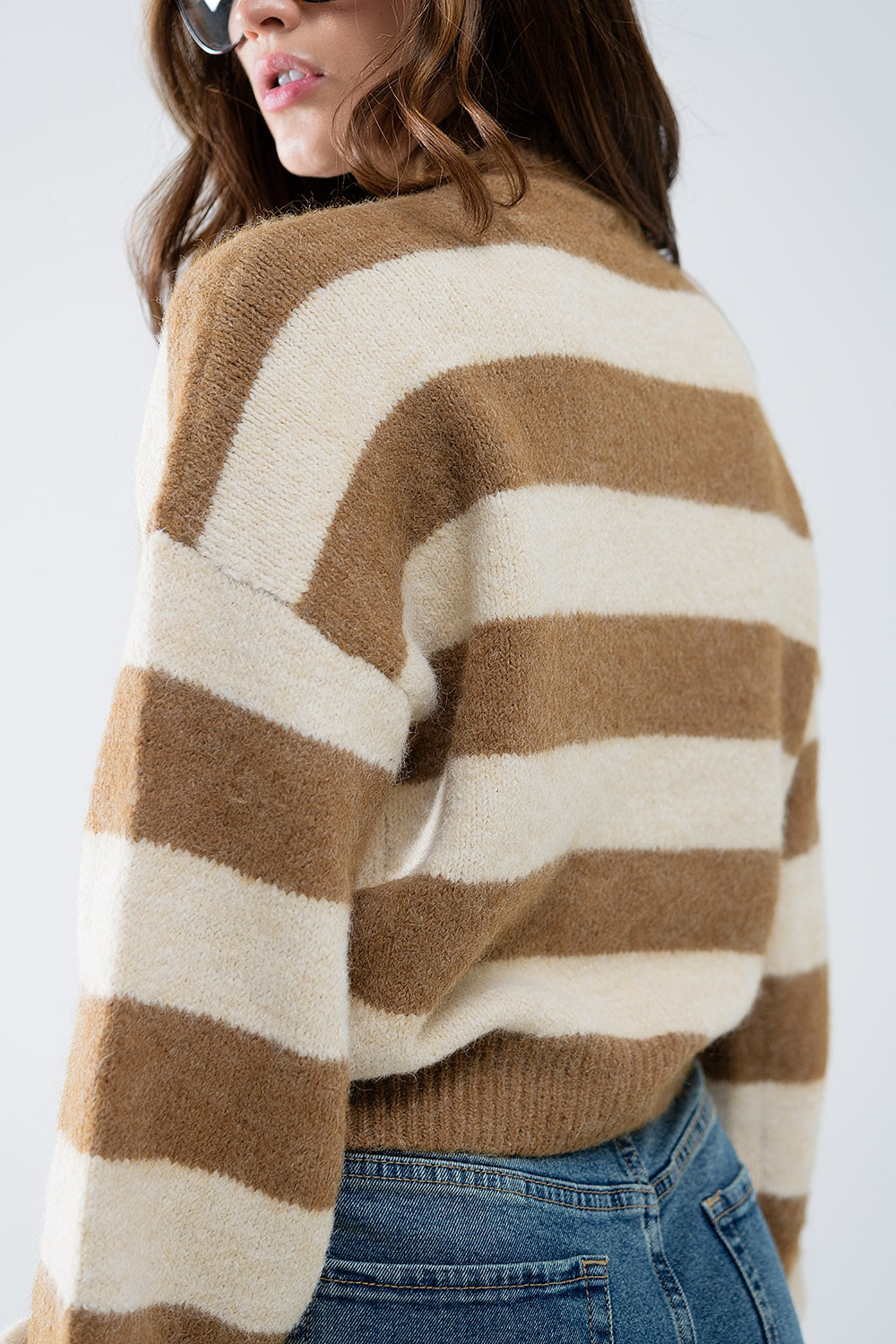 Beige Striped Turtleneck Sweater