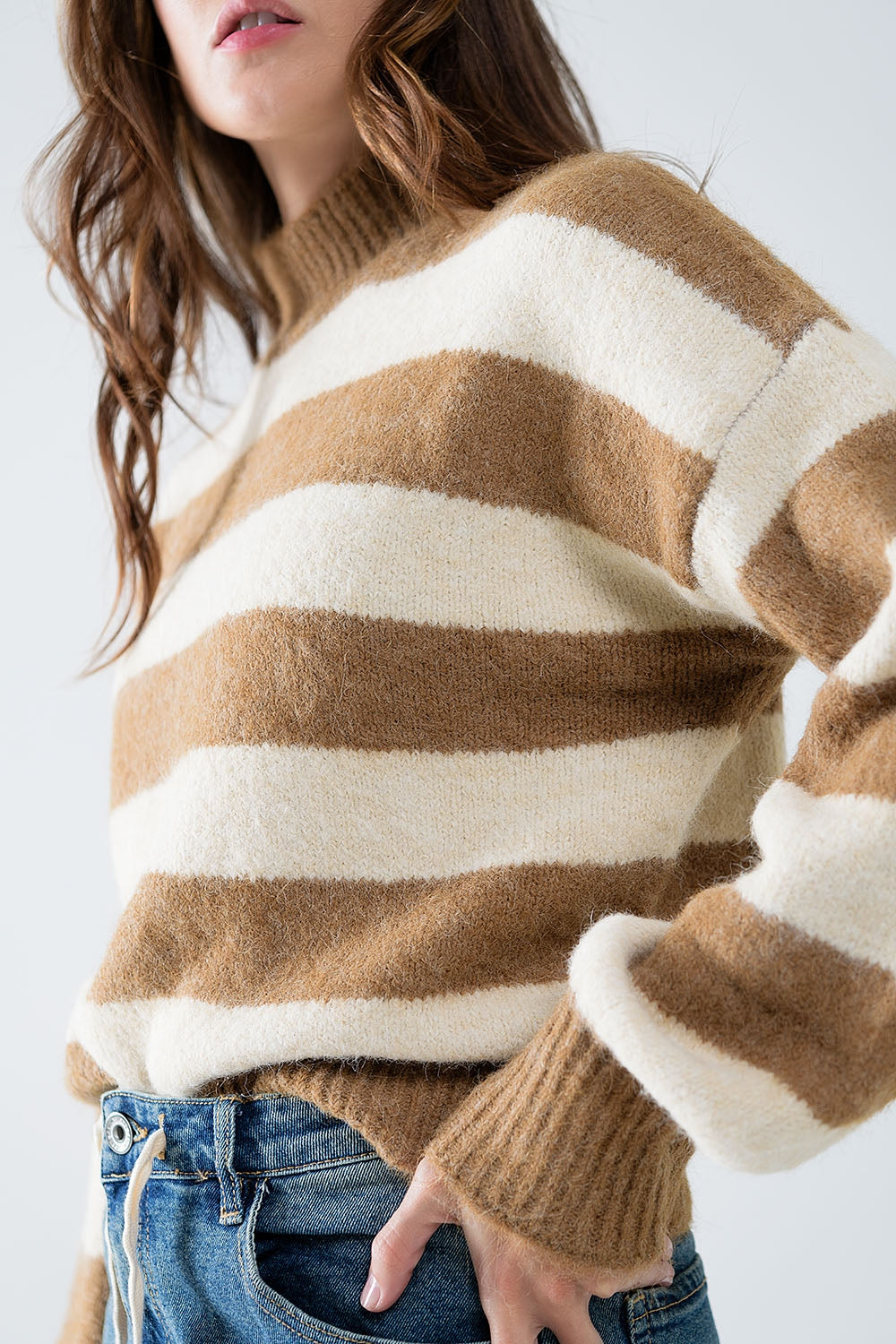 Beige Striped Turtleneck Sweater