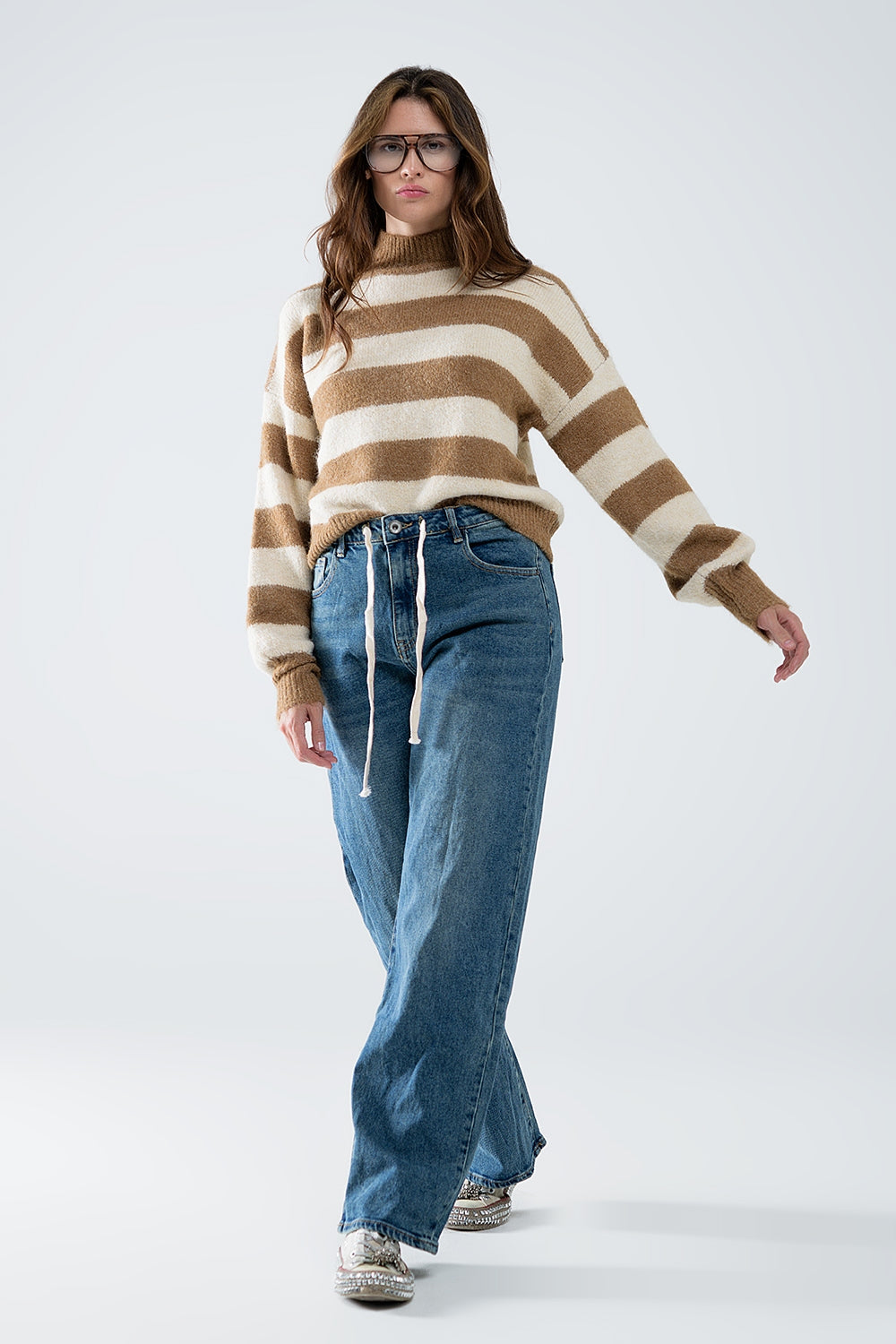 Beige Striped Turtleneck Sweater