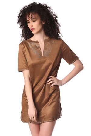 Q2 Beige suede 3/4 sleeve dress with embellished detail