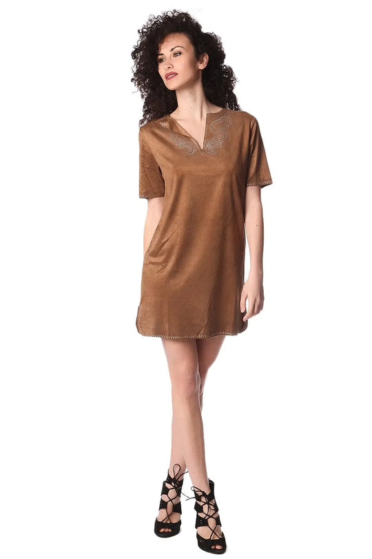 Beige suede 3/4 sleeve dress with embellished detail - Dresses
