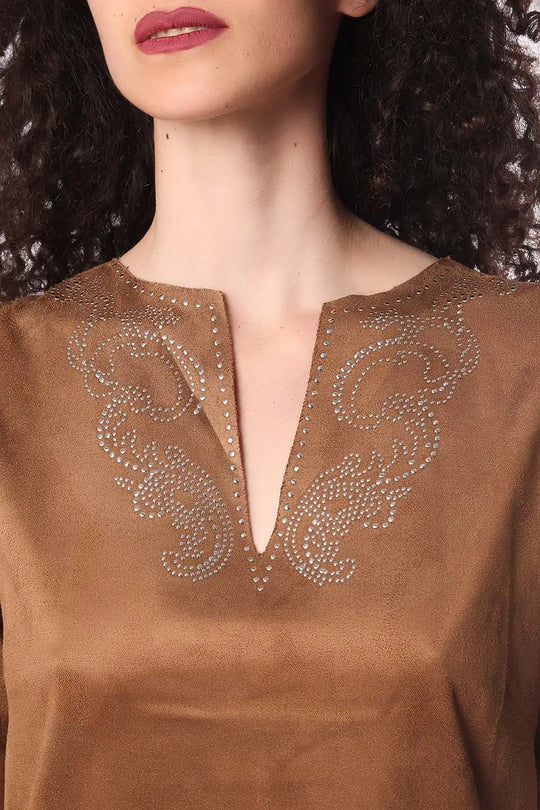 Beige suede 3/4 sleeve dress with embellished detail - Dresses
