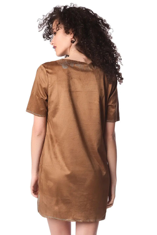 Beige suede 3/4 sleeve dress with embellished detail - Dresses