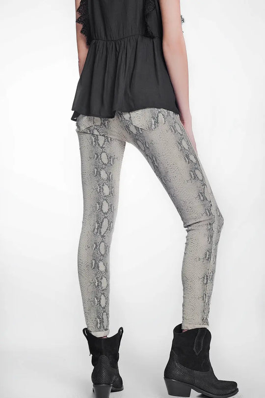 beige super skinny reversible pants with snake print - Jeans