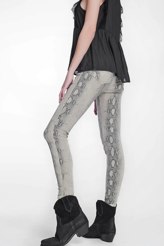 beige super skinny reversible pants with snake print - Jeans